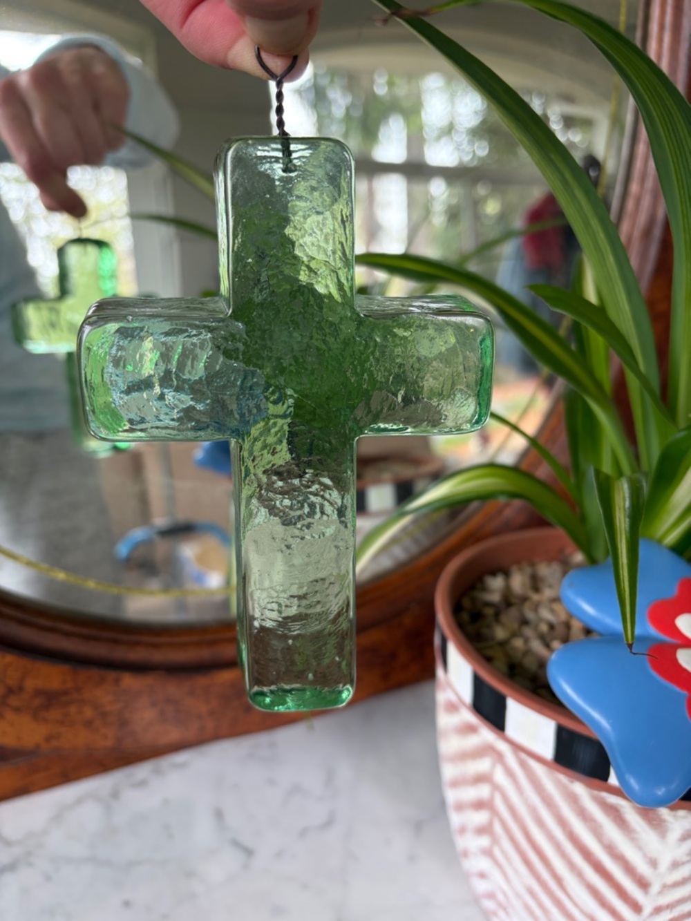 Recycled Green Glass Cross Hanging Ornament